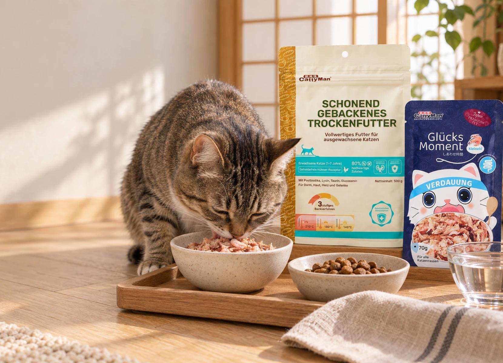 Getigerte Katze frisst Nassfutter neben Näpfen mit Trockenfutter und Wasser, dahinter Packungen mit Trocken- und Nassfutter in einer ruhigen Küche im japanischen Stil